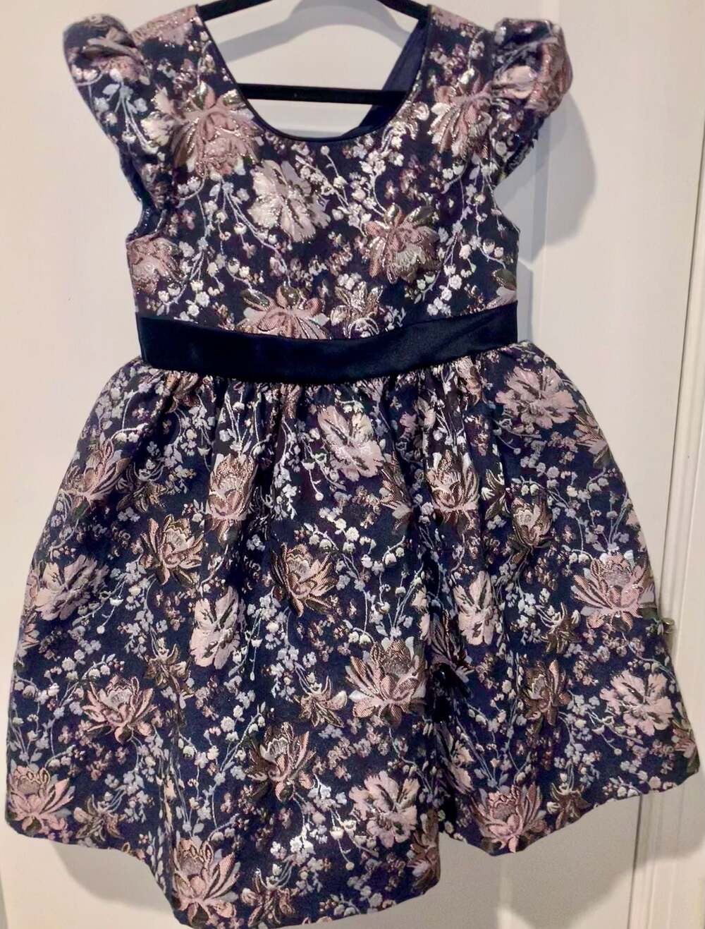 Bonnie Jean Girls Floral Jacquard Party Dress Size 5 Navy Pink Bow